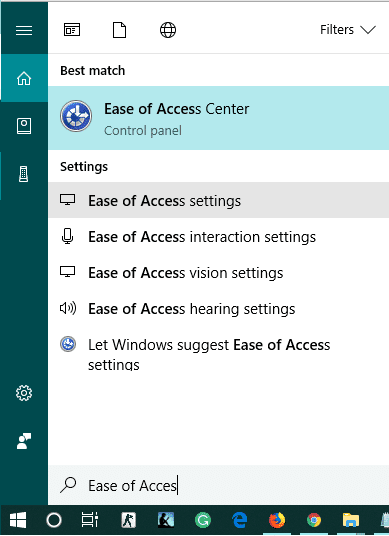 Busque la facilidad y luego haga clic en la configuración de Facilidad de acceso desde el menú Inicio