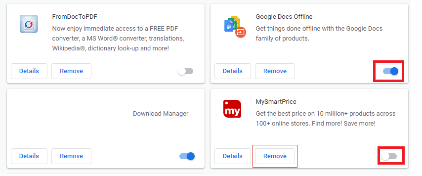 Deshabilite todas las extensiones no deseadas apagando la palanca asociada con cada extensión