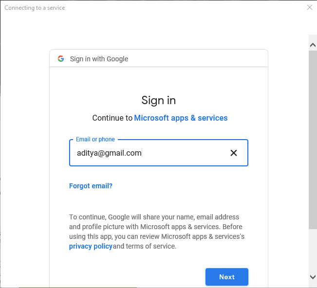 Ingrese la dirección de correo electrónico de la cuenta de Gmail a la que está tratando de conectarse