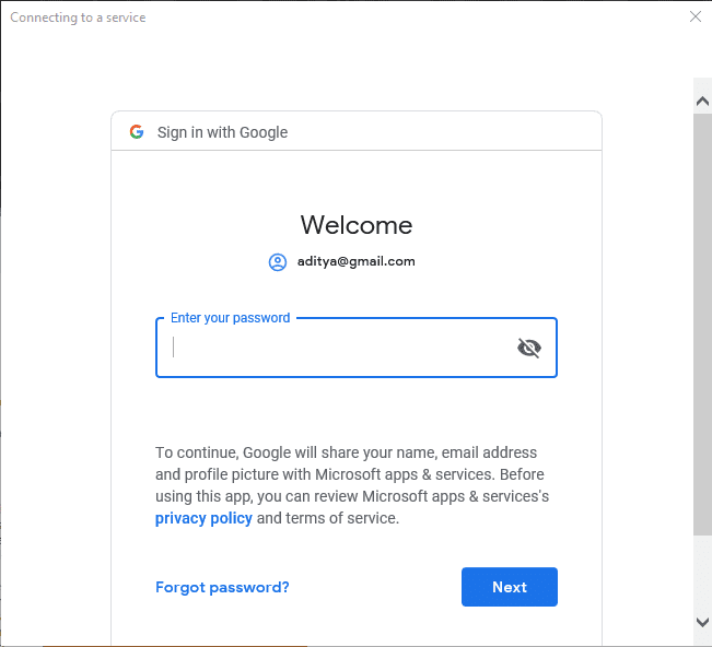 Ingrese la contraseña de su cuenta de Google (arriba de su dirección de correo electrónico)