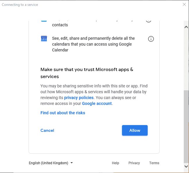 Haga clic en Permitir para aprobar para permitir que Cortana acceda a su cuenta de Gmail