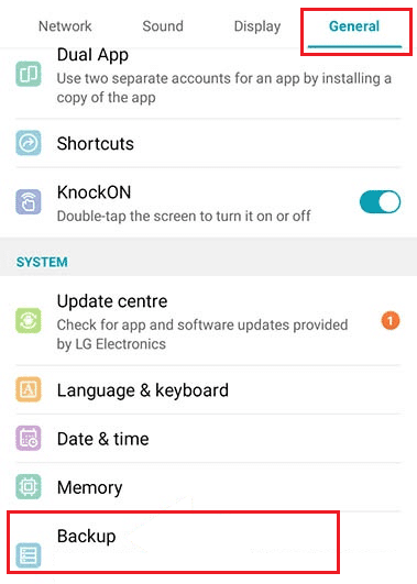 Copia de seguridad de LG Stylo 4 en Configuración del sistema en la pestaña Configuración general. Cómo hacer un restablecimiento completo del LG Stylo 4