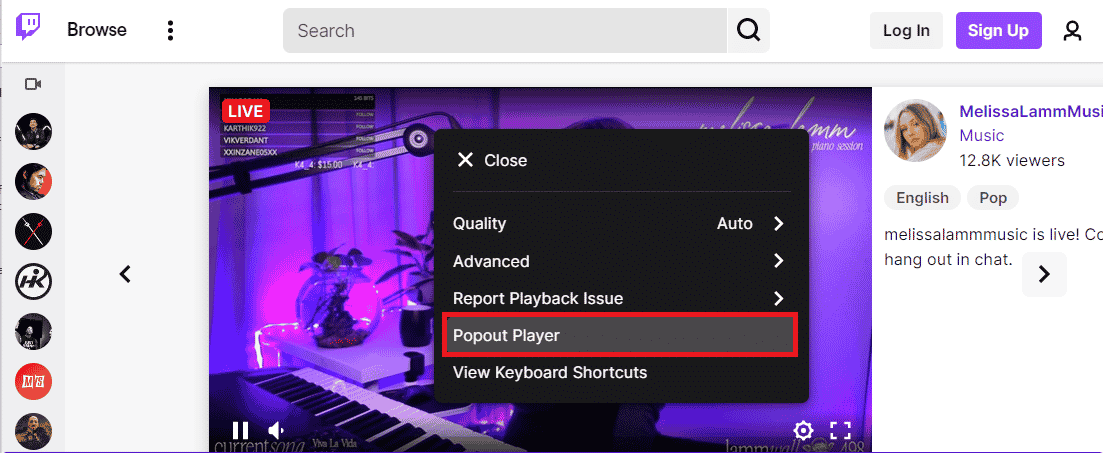 Haga clic en la opción Reproductor emergente
