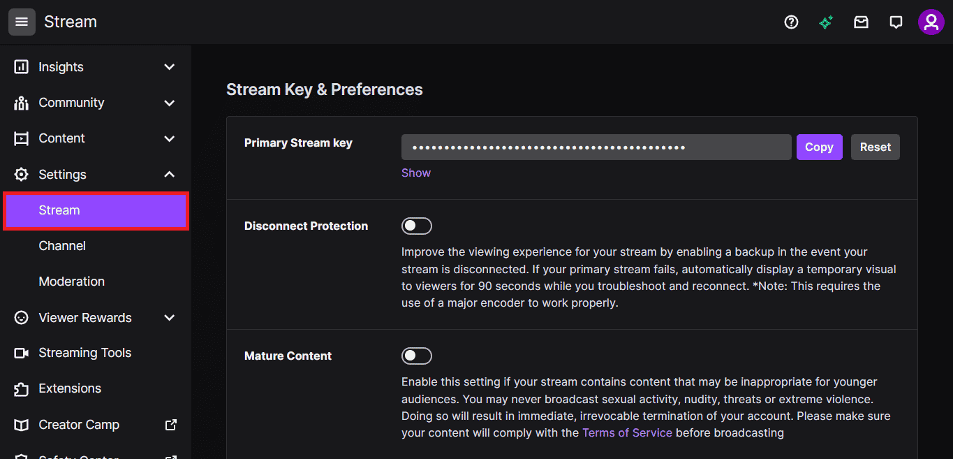 Expanda la pestaña Configuración en el panel izquierdo de la ventana y haga clic en la pestaña Transmisión.  9 formas de arreglar el error de Twitch #4000