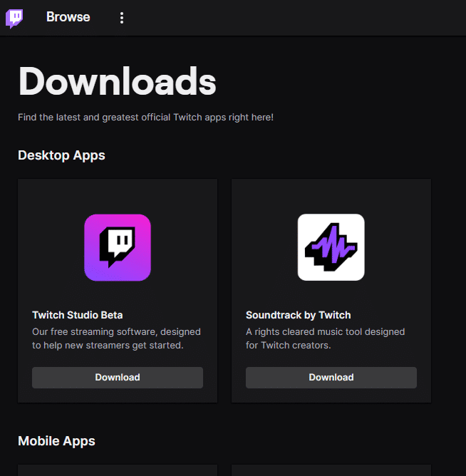 Página de descarga de Twitch.  9 formas de arreglar el error de Twitch #4000
