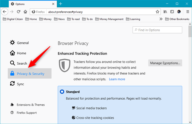 Abra la configuración de privacidad y seguridad en Mozilla Firefox