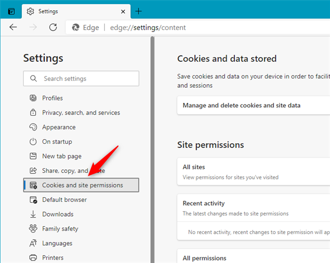 Abra la configuración de cookies y permisos del sitio en Microsoft Edge