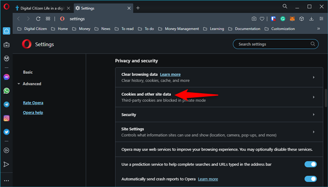 Abrir cookies y otros datos del sitio en Opera