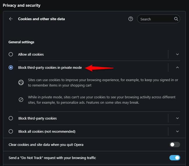 Opera desactiva automáticamente las cookies de terceros en incógnito