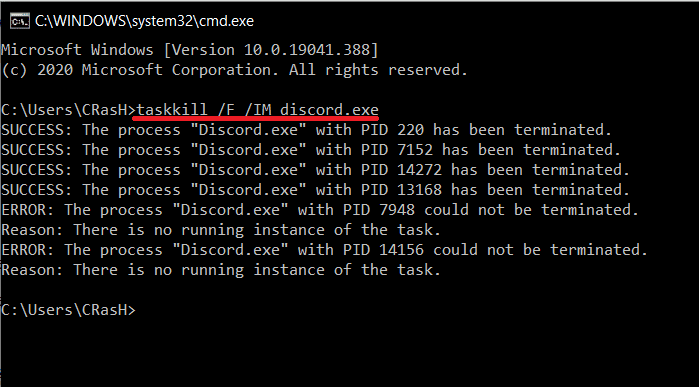 Para finalizar Discord, escriba el comando en el símbolo del sistema