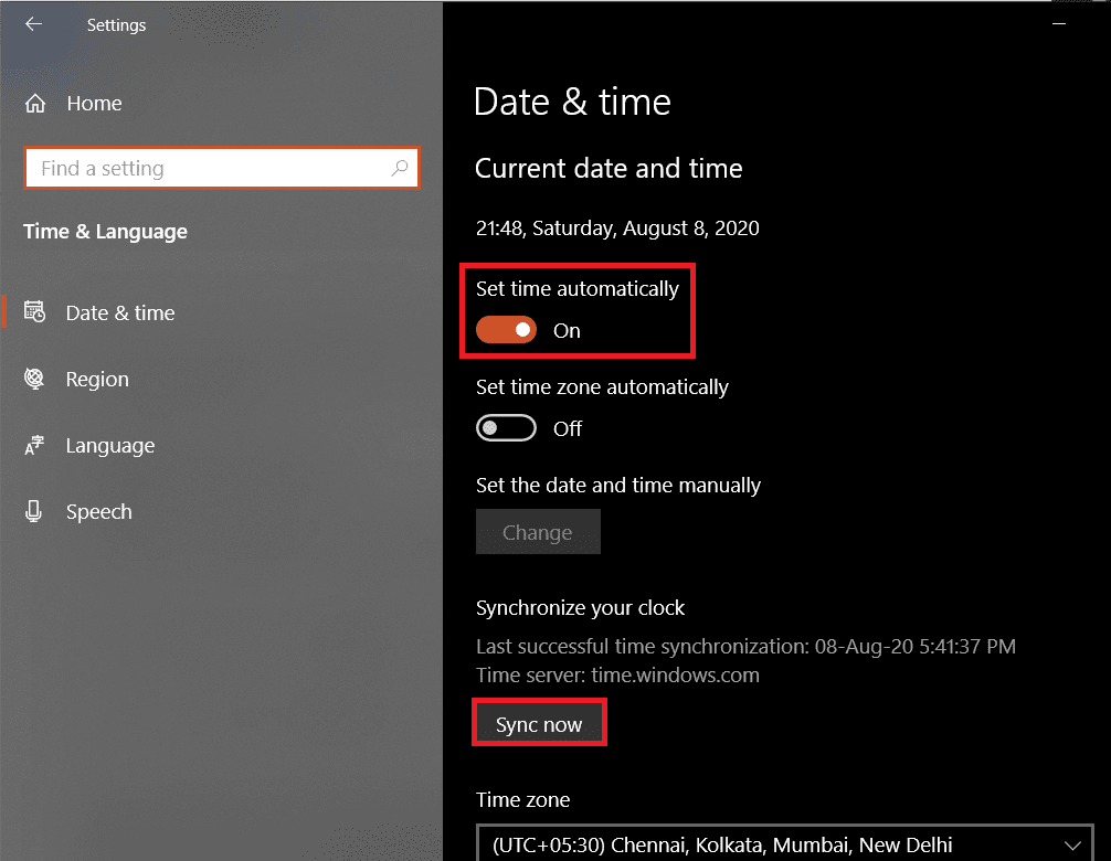 Alterne la opción de tiempo en el set automáticamente.  Haga clic en Sincronizar ahora