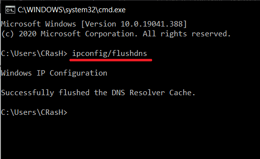 Para restablecer la configuración de DNS, escriba el comando en el símbolo del sistema