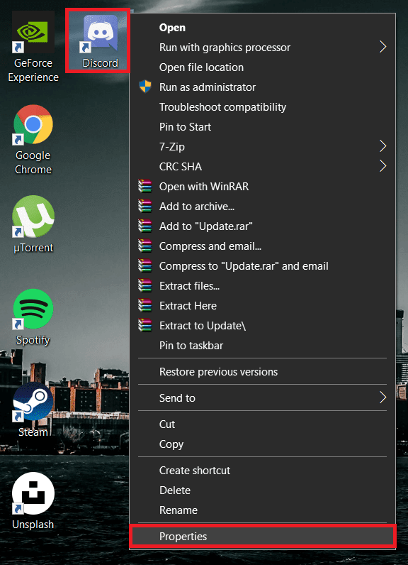 Haga clic derecho en el icono de acceso directo de Discord en su escritorio y seleccione Propiedades