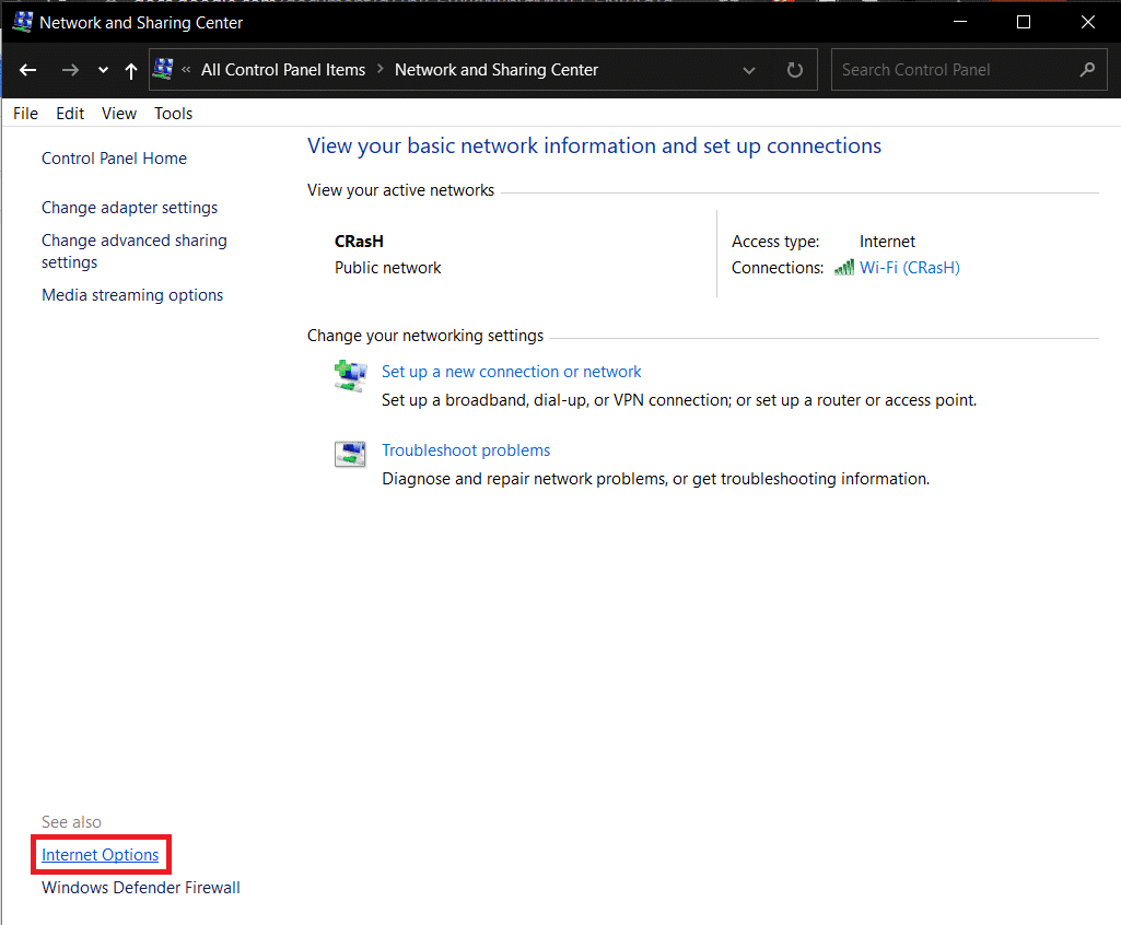 Haga clic en el hipervínculo Opciones de Internet presente en la parte inferior izquierda