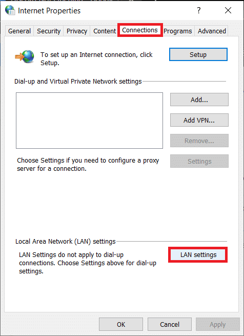 Cambie a la pestaña Conexiones y haga clic en el botón Configuración de LAN