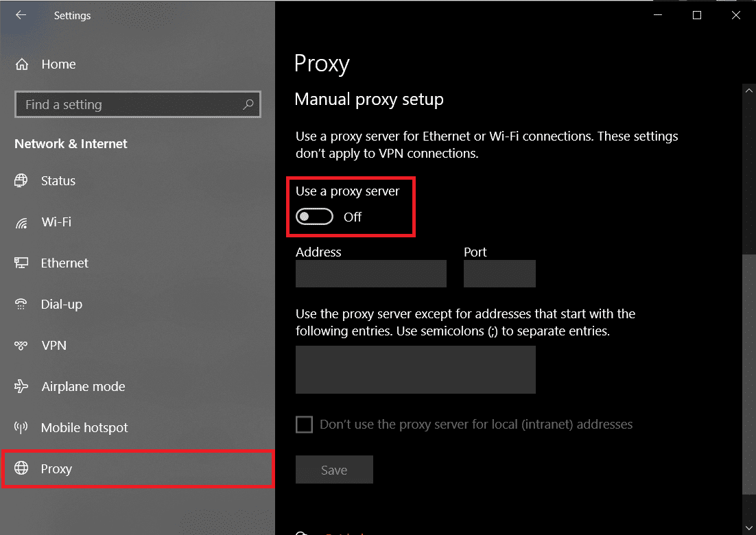 También puede deshabilitar el servidor proxy a través de la aplicación Configuración