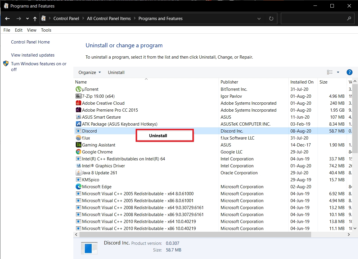 Localice Discord en la siguiente ventana, haga clic derecho sobre él y seleccione Desinstalar