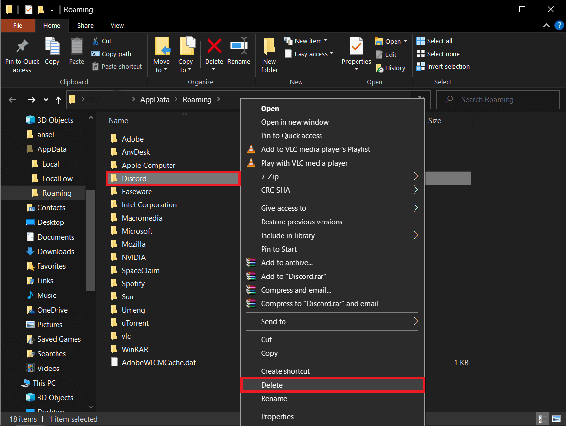 Haz clic derecho en la subcarpeta de Discord.  Seleccione Eliminar en el menú de opciones