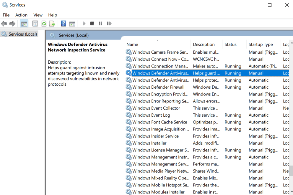 Verifique el Servicio de Windows Defender en la columna Nombre