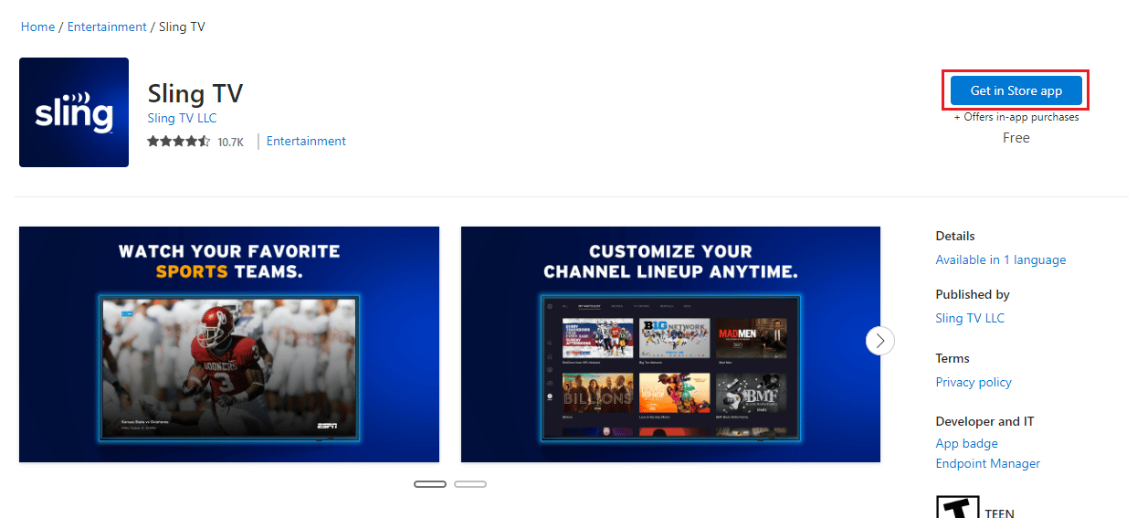 Haga clic en la aplicación Entrar en la tienda.  Solucionar el error 4 310 de Sling TV