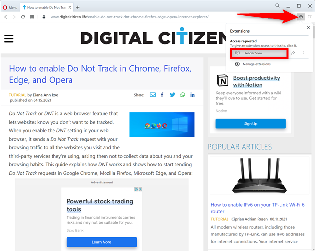 Pulse en Reader View en la ventana emergente