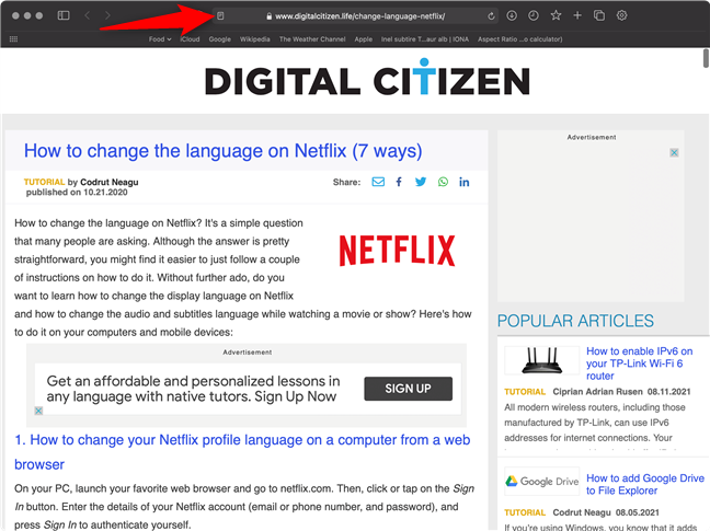 Presiona el ícono Mostrar vista de lector en Safari