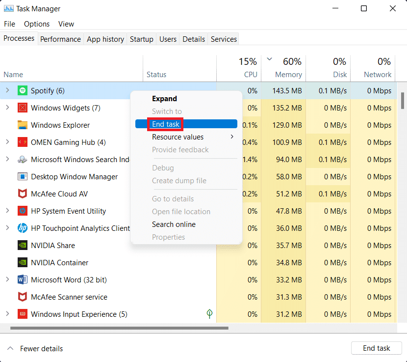 encuentre procesos de spotify y haga clic con el botón derecho y seleccione finalizar tarea |  Arreglar Spotify que no se abre en Windows 10