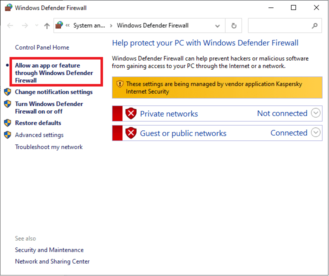 Haga clic en Permitir una aplicación o función a través del Firewall de Windows Defender