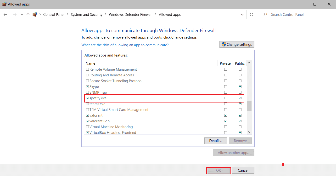 desplácese hacia abajo y marque la opción de Spotify y también marque la opción Pública y Privada.  Arreglar Spotify que no se abre en Windows 10