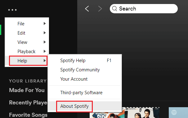 vaya a ayuda y luego seleccione sobre spotify en la aplicación de spotify |