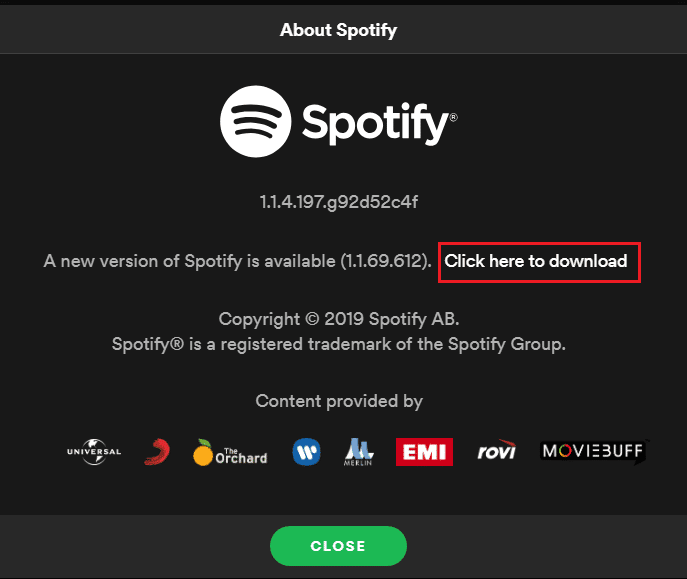 spotify sobre la ventana emergente, seleccione haga clic aquí para descargar la última actualización.  Arreglar Spotify que no se abre en Windows 10