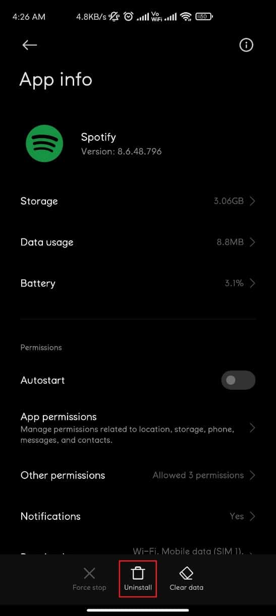 Opción de desinstalación en Android |  Cómo arreglar Spotify no se abre