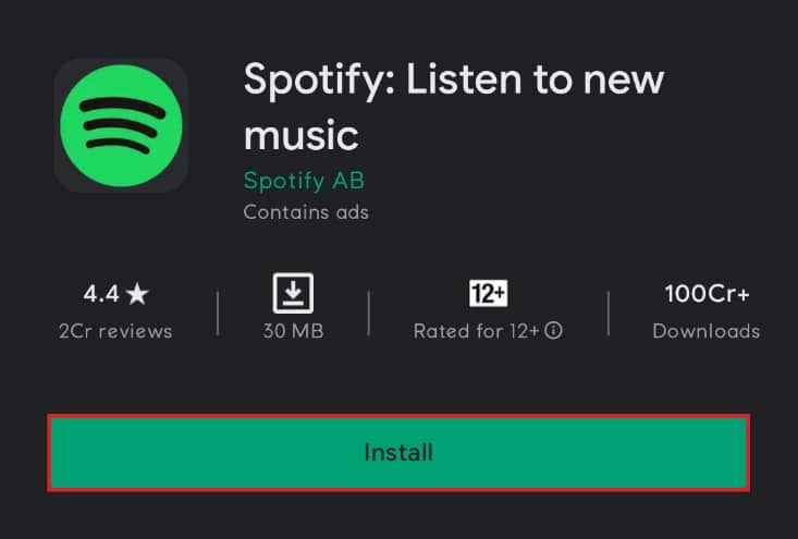 Opción de instalación de Spotify en Google Play Store