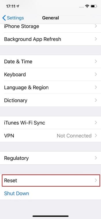Ahora desplácese hacia abajo y vaya a Restablecer