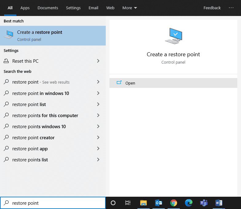 Ahora, abra Crear un punto de restauración a partir de los mejores resultados.  C:windowssystem32configsystemprofileDesktop no está disponible: corregido