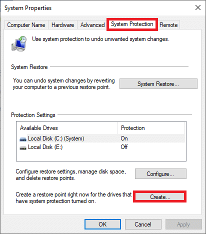 Ahora, cambie a la pestaña Protección del sistema y haga clic en el botón Crear….  C:windowssystem32configsystemprofileDesktop no está disponible: corregido