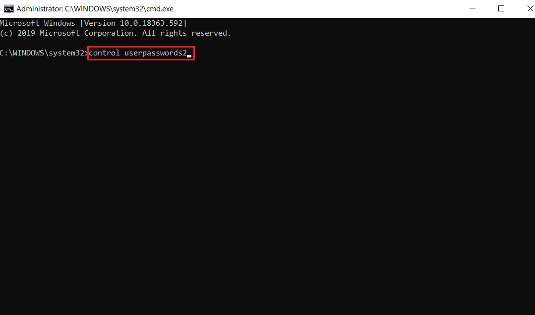 en el símbolo del sistema, escriba control userpasswords2 y presione enter