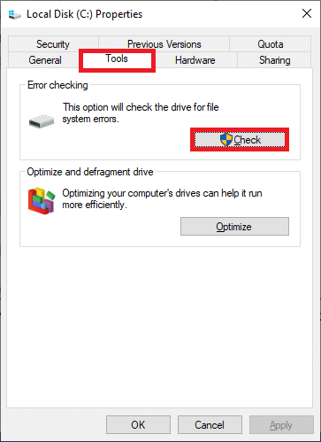 Ahora, cambie a la pestaña Herramientas y haga clic en Verificar.  C: windows system32 config systemprofile Desktop no está disponible servidor
