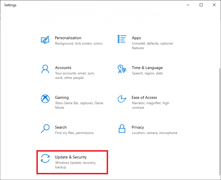 seleccione Actualización y seguridad en Configuración.