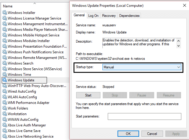 establecer el tipo de inicio de las actualizaciones de Windows en manual