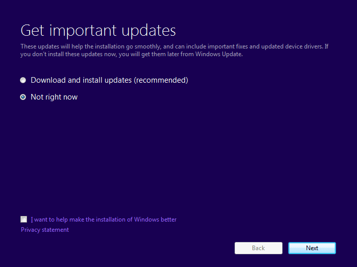 En la pantalla Obtener actualizaciones importantes, seleccione No ahora y luego haga clic en Siguiente