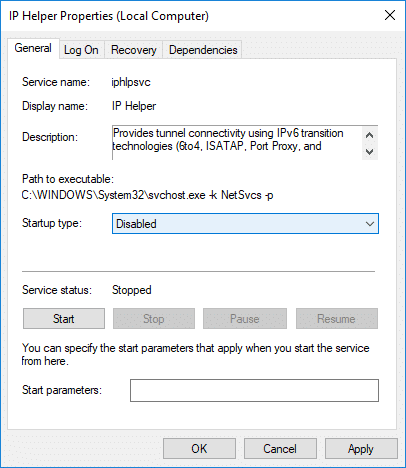 Haga clic en Detener y, a continuación, en el menú desplegable Tipo de inicio, seleccione Desactivado para el servicio IP Helper.