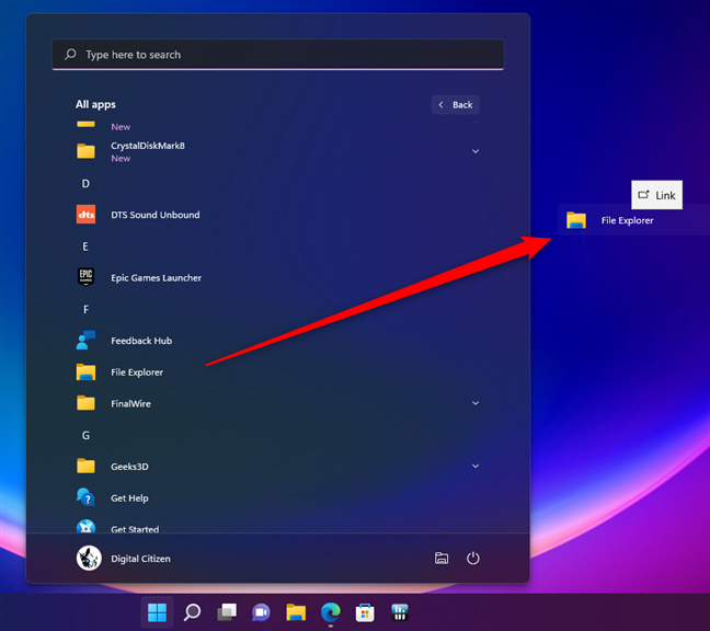 Acceso directo del Explorador de archivos anclado en el escritorio de Windows 11