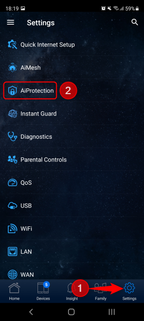 En el enrutador ASUS, toque Configuración seguido de AiProtection