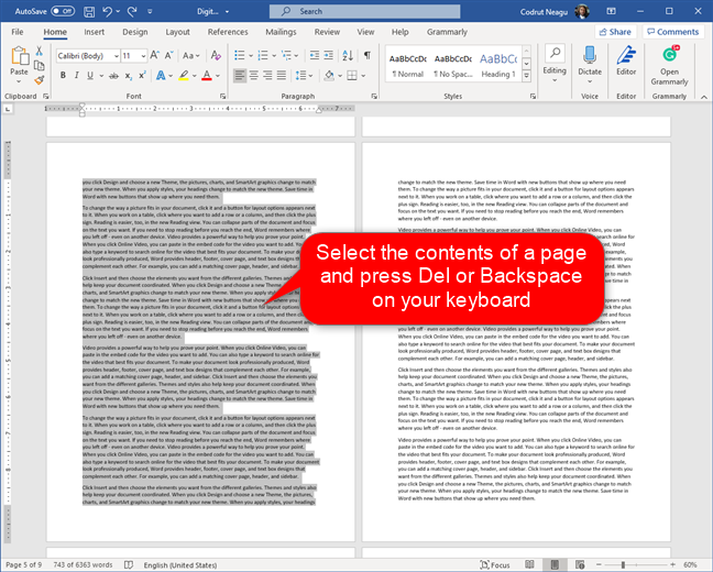 Seleccionar el contenido de una página de Word y eliminarlo