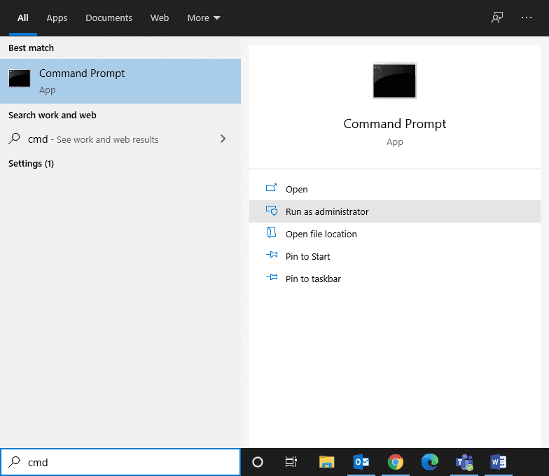 Escriba símbolo del sistema o cmd en la barra de búsqueda de Windows. Luego haga clic en Ejecutar como administrador como se muestra.