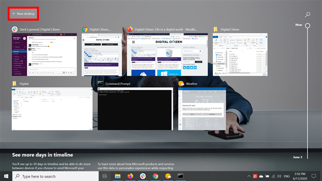 Presione + Nuevo escritorio para comenzar a usar múltiples escritorios
