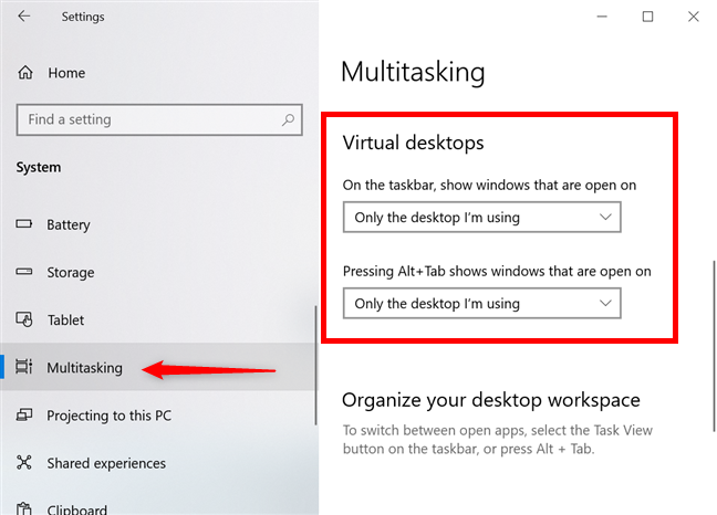 Encuentre la configuración de escritorios virtuales en la pestaña Multitarea