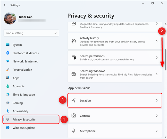 Seleccione Privacidad y seguridad en el menú Configuración, luego haga clic en Ubicación