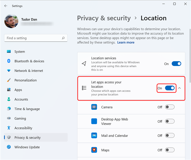 Habilite o deshabilite el acceso a la ubicación para aplicaciones con este interruptor